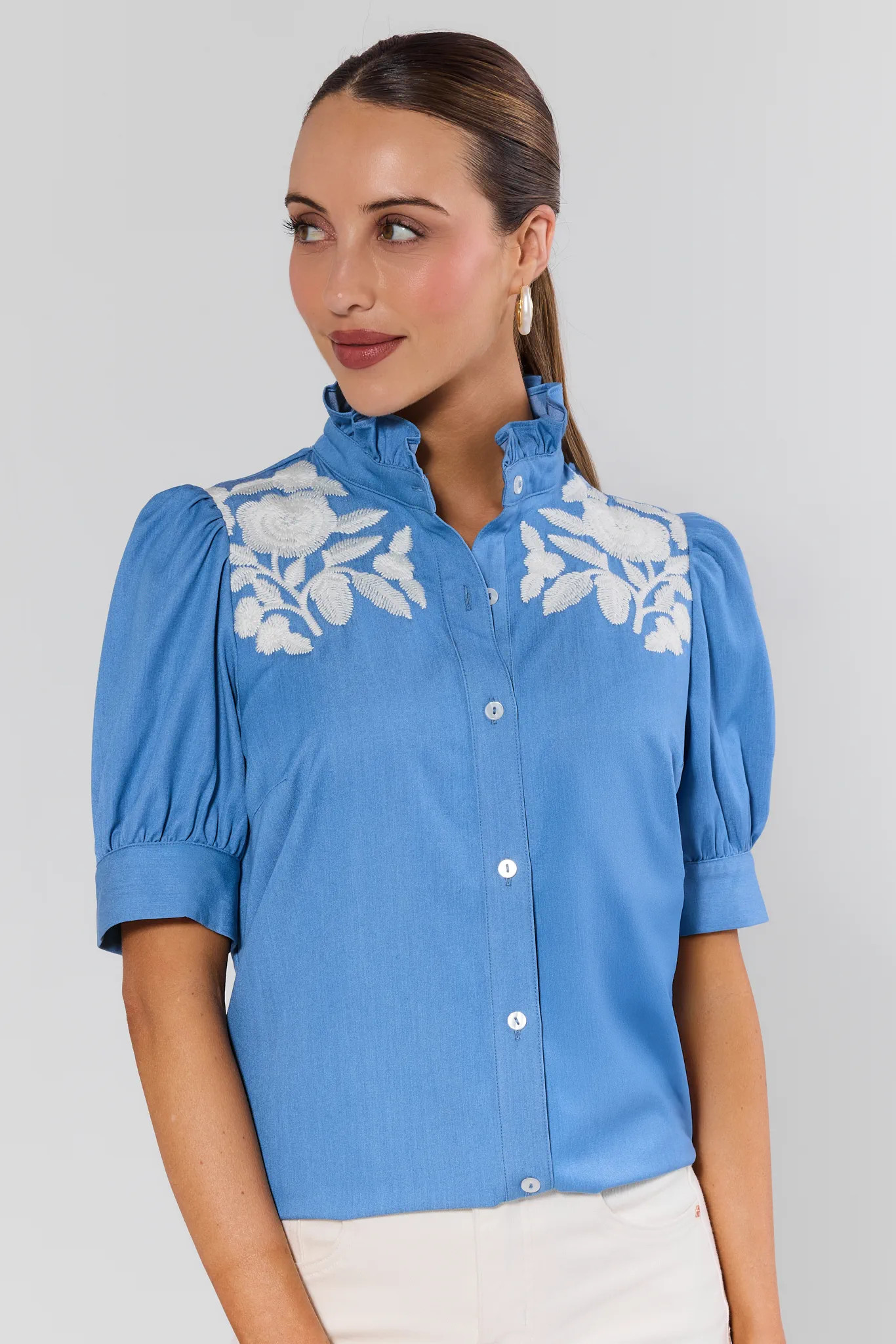 Sherry Blue Embroidered Button Up Top | Avara