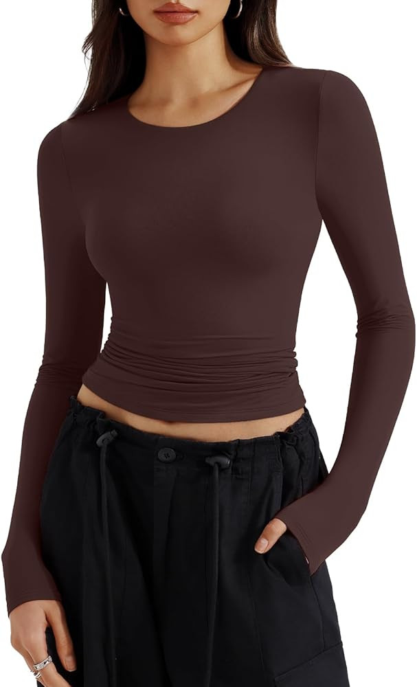 REORIA Long Sleeve Shirts for Women 2024 Fall Fashion Round Neck Basics Y2K Tops Layering Slim Fi... | Amazon (US)