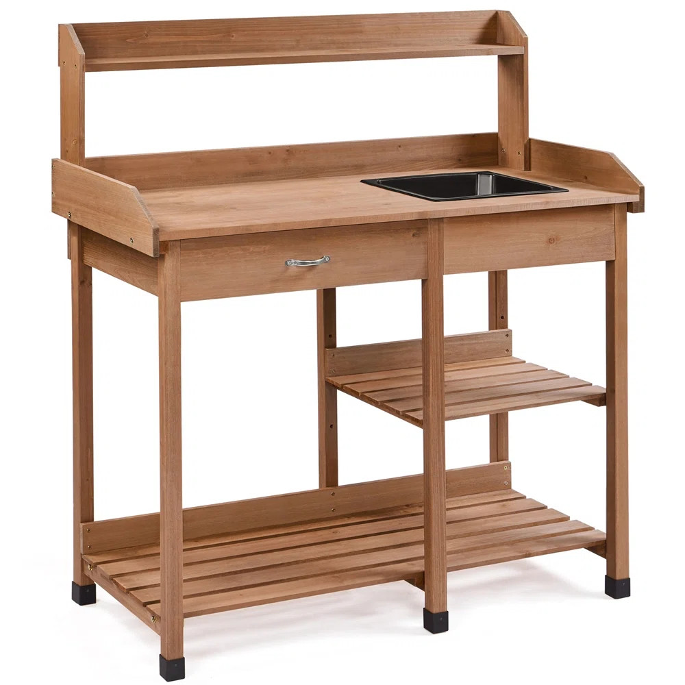 Burroughs Fir Wood Outdoor Potting Bench with Sink Drawer | Wayfair North America