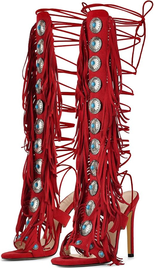 Gladiator Heels Tassels Open Toe Boots Fringe Lace up Strappy High Heels Sandals | Amazon (US)