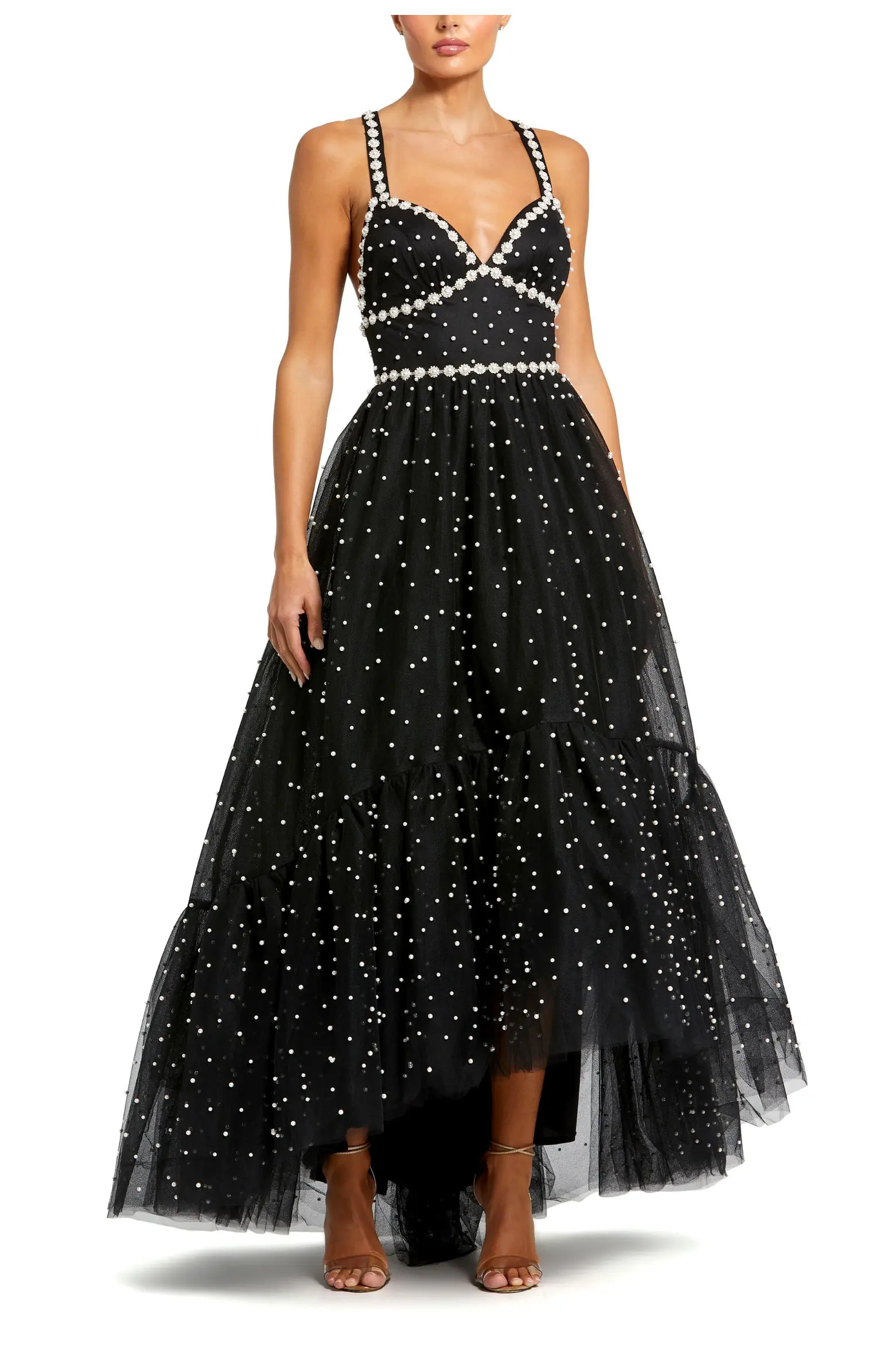Pearl Embellished Tiered Tulle High-Low Evening Gown | Nordstrom