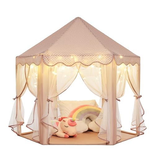Monobeach Princess Play Tent for Girls: Brown Large Kids Castle Playhouse with Mesh Curtains & Star Lights - Indoor Outdoor Pretend Play Toys Tent - Cozy Reading Nook Gift for Toddlers & Kids | Amazon (US)