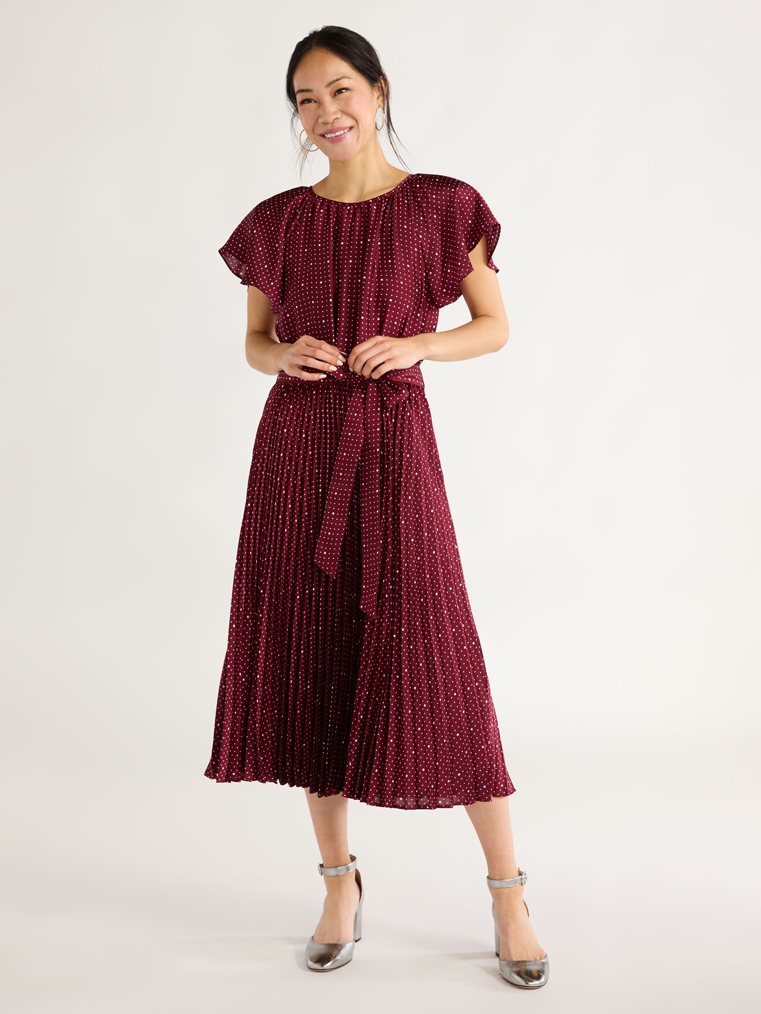 Free Assembly Women’s Pleated Midi Dress with Flutter Sleeves, Sizes XS-XXL | Walmart (US)