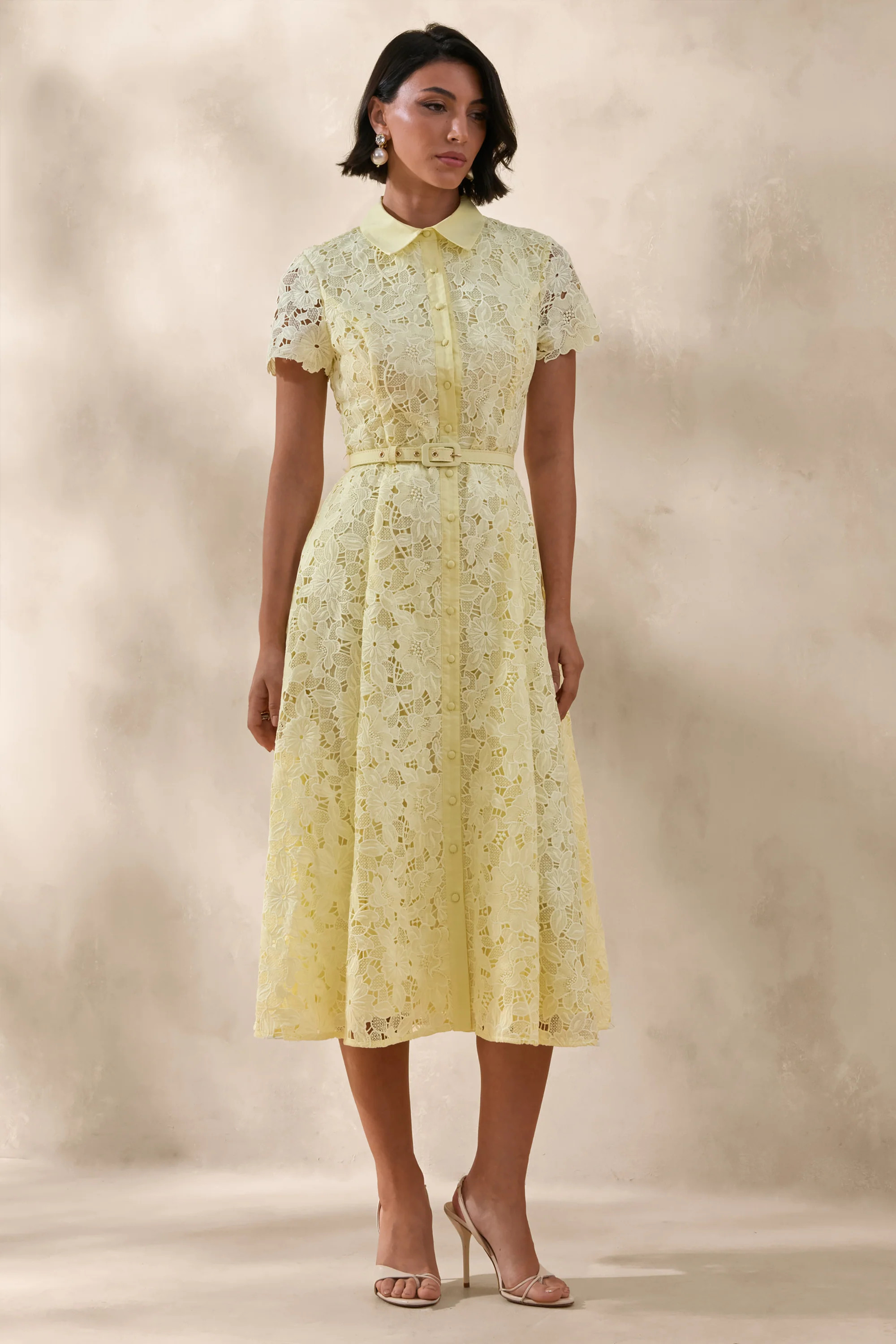 Zalie | Yellow Lace High-Neck Belted Midi Dress | Club L London
