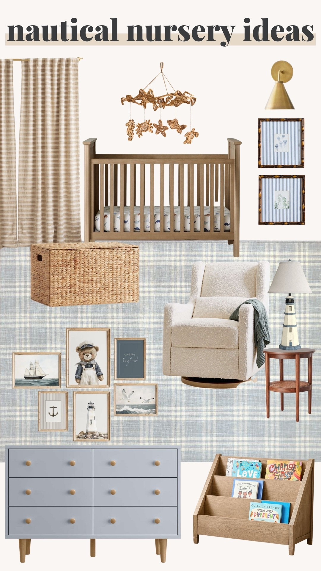 Nautical nursery ideas! 

Rug, crib, curtain picks, wall art, rocking chair, basket, bookshelf 

#LTKStyleTip #LTKBaby #LTKHome