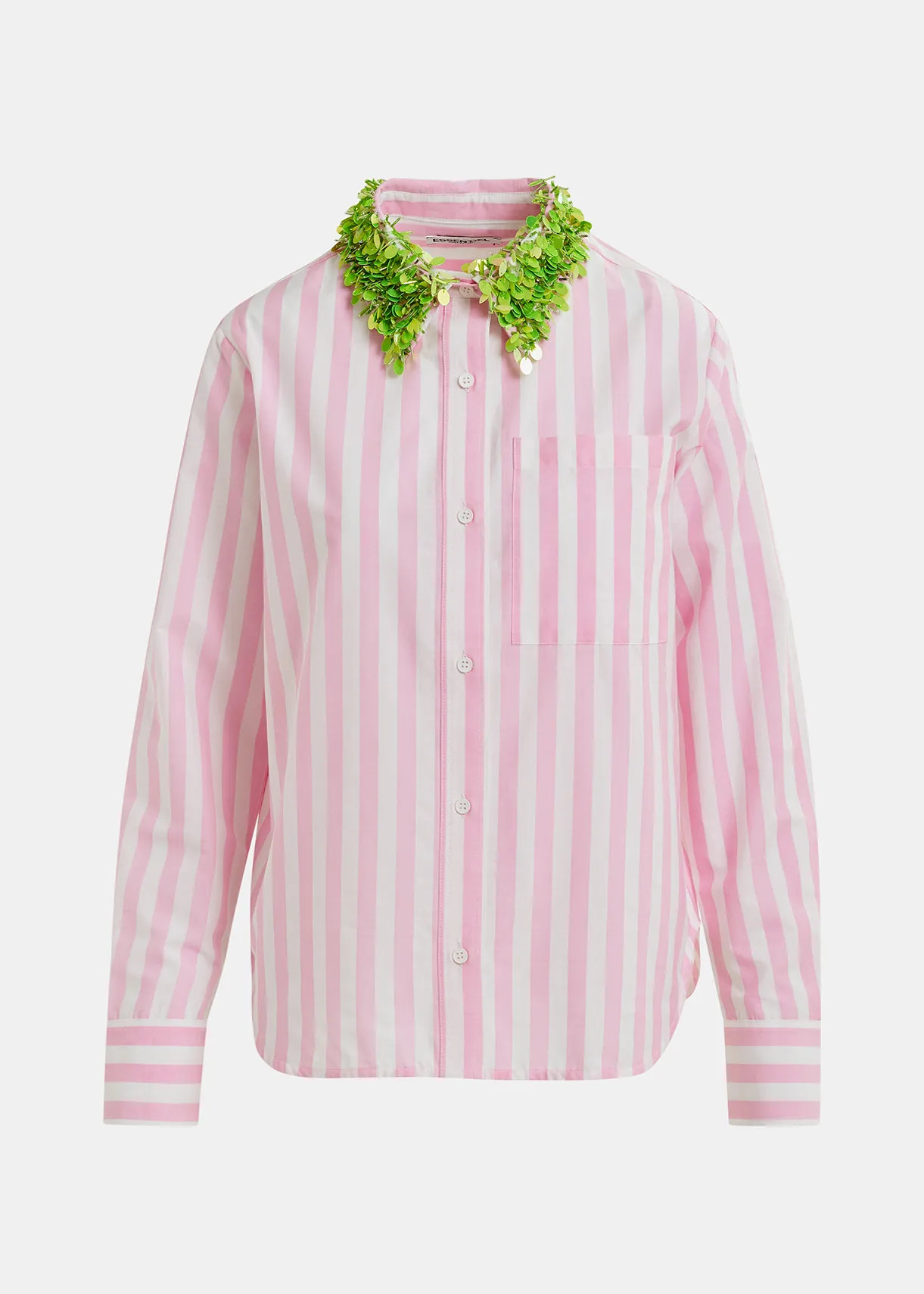 White, pink and green cotton shirt with sequin and bead embellished collar | Essentiel Antwerp Un... | Essentiel Antwerp