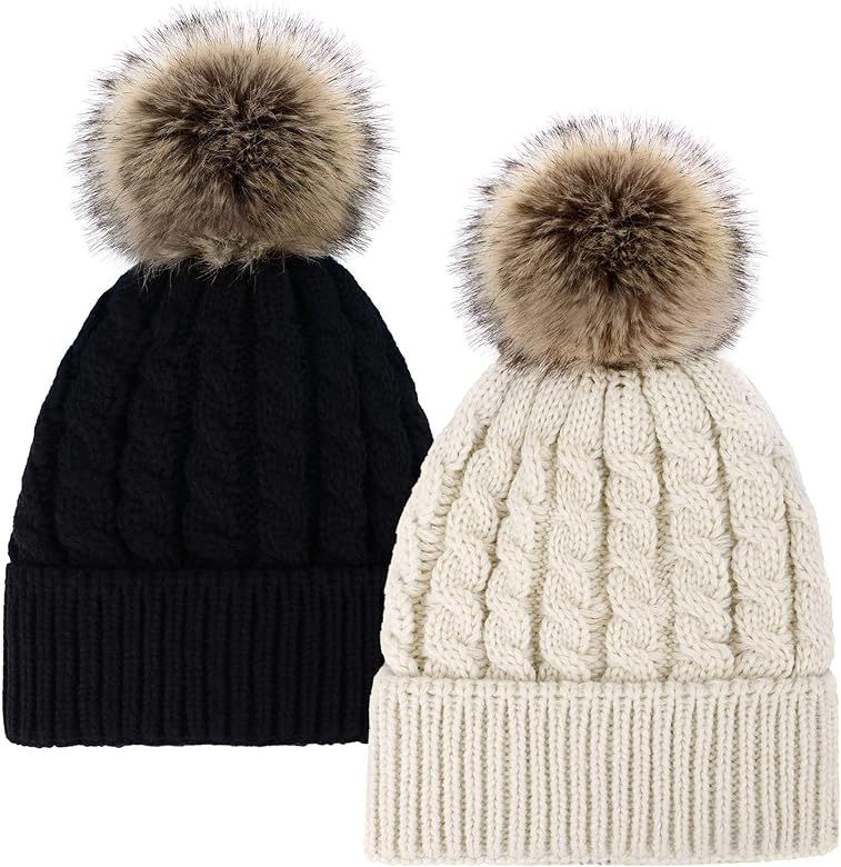 Women's Winter Soft Knitted Beanie Hat with Faux Fur Pom Pom | Amazon (US)