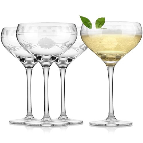 Royalrose Delight Glasses, 10.8 ounces, Set of 4, Unique Vintage Style Glass Set with Decorative Etching, Dishwasher Safe. (Coupe Glasses) | Amazon (US)