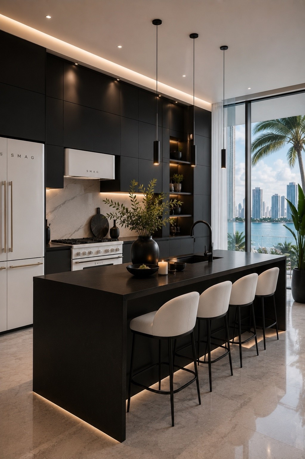 A sleek luxury kitchen featuring matte black cabinetry, crisp white appliances, a dramatic black waterfall island, and sculptural white bar stools. Warm ambient lighting and floor-to-ceiling windows soften the bold monochrome palette for an elevated Miami-inspired modern home.

#modernkitchen #kitchendesign #luxurykitchen #blackkitchen #blackandwhitekitchen #kitchendecor #modernhome #luxuryinteriors #interiordesign #kitcheninspiration #kitchenisland #barstools #designerhome #ltkhome #amazonhome #homeinspo #modernluxury #highendinteriors #contemporarykitchen #miamidesign