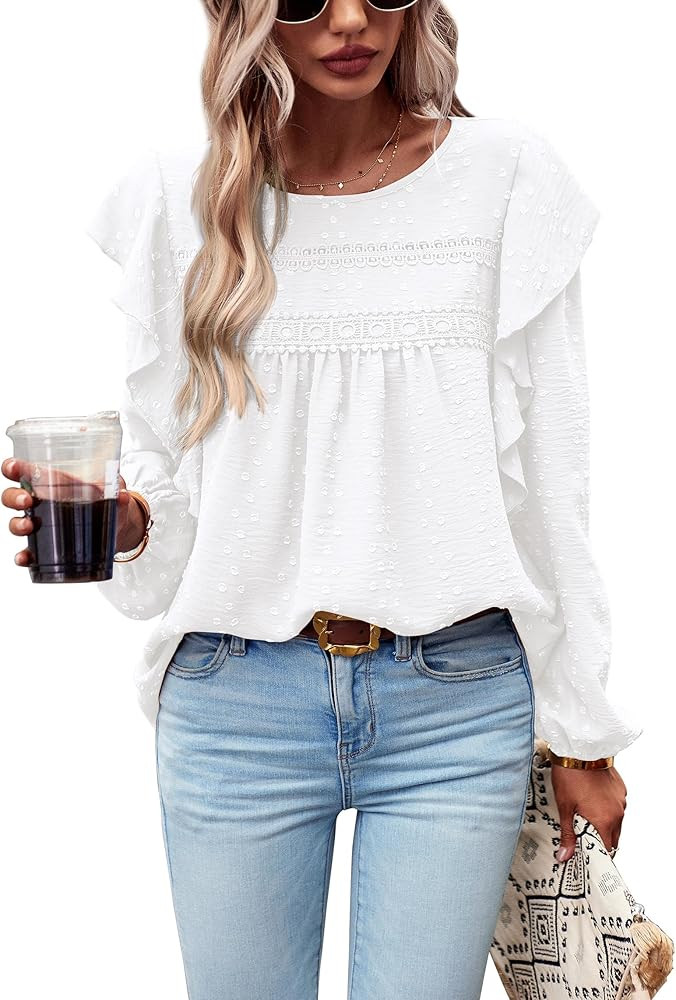 PRETTYGARDEN Women's Long Sleeve Blouses Ruffle Swiss Dot Crochet Loose Fit Tunic Dressy Casual T... | Amazon (US)