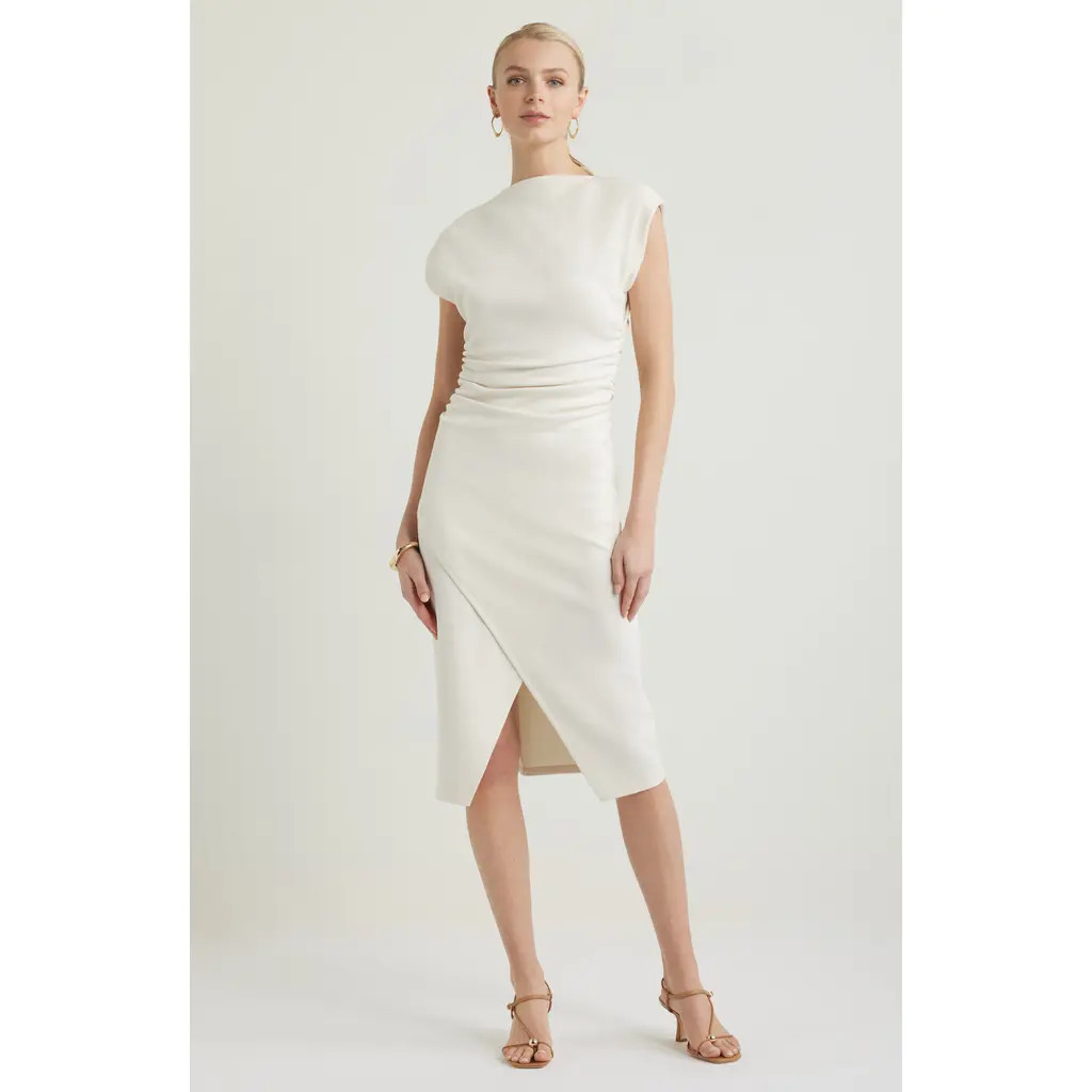 Nordstrom Ruched Funnel Neck Midi Dress in Ivory Tofu at Nordstrom, Size Medium | Nordstrom