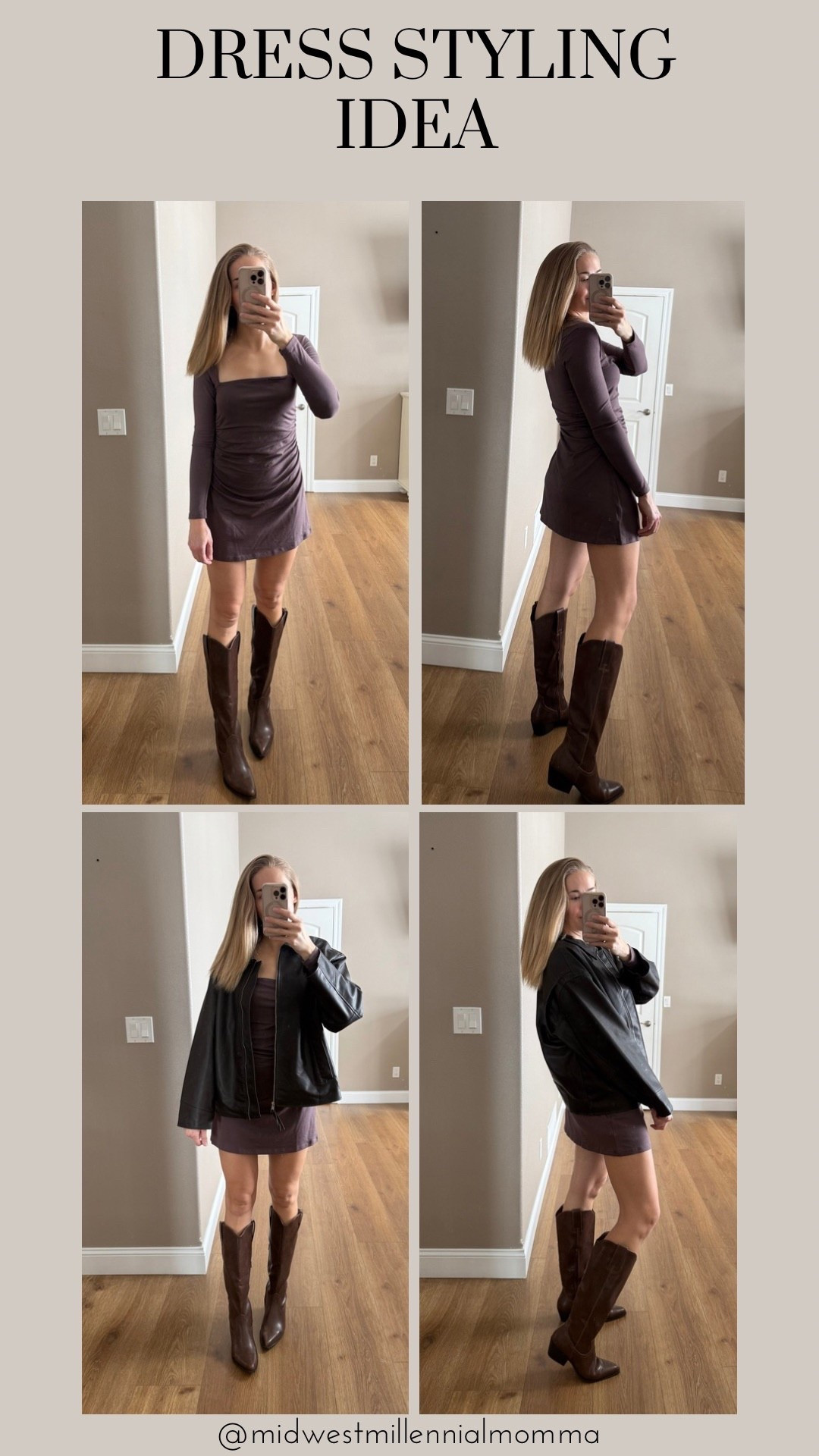 Wearing size M in dress, comes in black and dark green too. Flattering with touching. Paired with oversized bomber jacket & western boots. Would be cute with tights as well for colder weather. 

#LTKFindsUnder50 #LTKHoliday #LTKootd