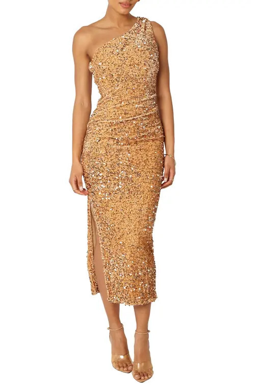 Petal & Pup Kiki One Shoulder Sequin Midi Dress in Gold at Nordstrom, Size Large | Nordstrom