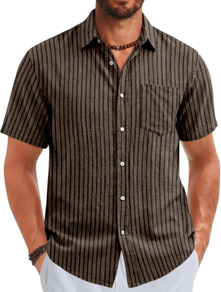 TARSE Men's Linen Striped Shirt Button Down Casual Summer Short Sleeve Tops Beach Vacation Stripe... | Amazon (US)