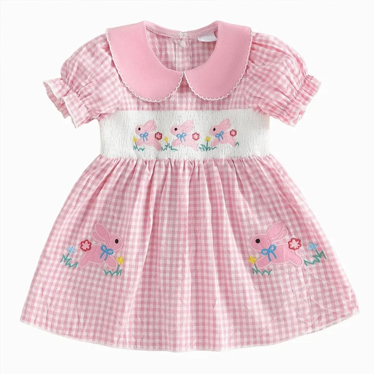 mgoYE Toddler Little Baby Girl Easter Outfit Pink Bunny Embroidery Dress Short Sleeve Smocked Eas... | Walmart (US)
