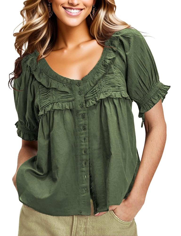 Womens 2025 Summer Trendy Ruffled Top Shapeless Billowy Tunic Swing Blouse with Puff Sleeve | Amazon (US)