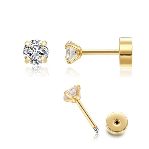 4mm CZ Flat Screw Back Stud Earrings,14K Gold Small Cubic Zirconia Earrings for Helix Cartilage T... | Amazon (US)