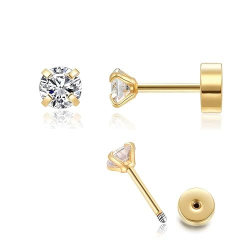 4mm CZ Flat Screw Back Stud Earrings,14K Gold Small Cubic Zirconia Earrings for Helix Cartilage T... | Amazon (US)