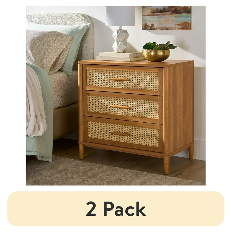 (2 pack) Better Homes & Gardens Springwood Caning 3-Drawer Nightstand with USB, Light Honey finis... | Walmart (US)