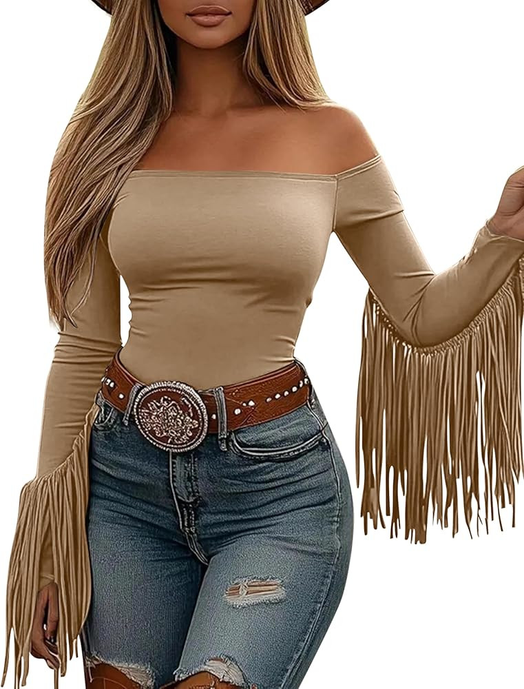 Fringe Tops for Women Western Cowgirl Off The Shoulder Fall Long Sleeve with Tassels Stretchy Cro... | Amazon (US)