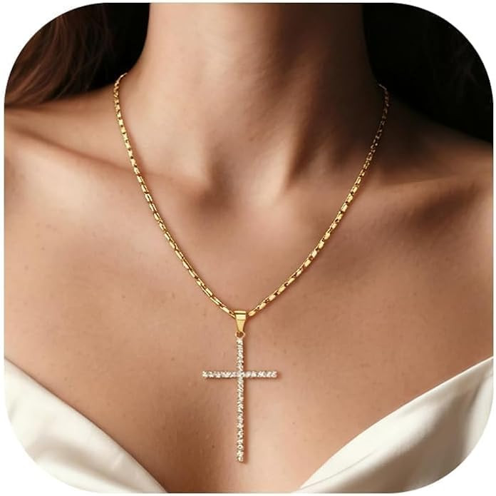 U7 Cross Necklace for Women,Silver/14K Gold Large or Small Cross Necklaces with CZ Diamond,Faith ... | Amazon (US)