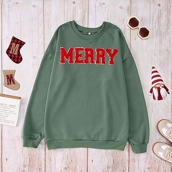IZYJOY Christmas Women's Merry Graphic Sweatshirt Chenille Patch Letter Printed Crewneck Xmas Gifts  | Amazon (US)