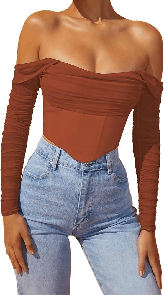 Women Mesh Sheer Long Sleeve Navel Short Corset Tops Sexy Fishbone Bustier Ruched Off Shoulder Fi... | Amazon (US)