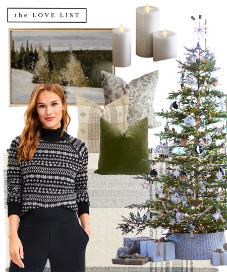 Holiday home decor in shades of black white olive green and taupe. A black fair isle sweater and plaid rug set a modern tone alongside a faux Charlie Brown Christmas tree with black and white ornaments and white washed tree skirt. Flameless candles, grey floral decorative pillows and winter landscape art create a serene setting. 

#LTKHoliday #LTKSeasonal #LTKhome
