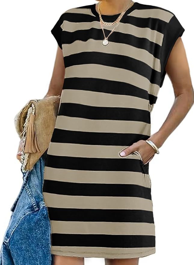 AlvaQ Womens Striped Summer Dresses 2024 Crewneck Cap Sleeve Color Block Casual A Line Tshirt Dre... | Amazon (US)