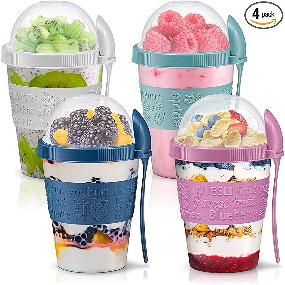 Tribello 4 Pack - On the Go Yogurt Parfait Cups with Lids, Topping Compartment & Spoon, Yogurt/Pa... | Amazon (US)