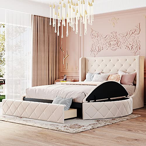 Queen Size Velvet Upholstered Platform Bed with Wingback Headboard, Drawer and 2 Side Storage Stool for Bedroom (Beige) | Amazon (US)