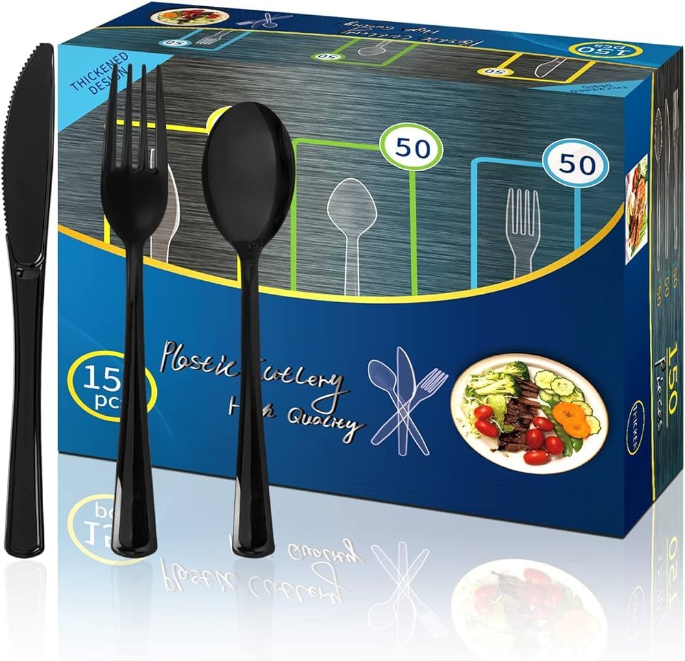 150 PCS Black Plastic Silverware Set Plastic Forks,50 plastic spoons and forks,Plastic Knives,Dis... | Amazon (US)