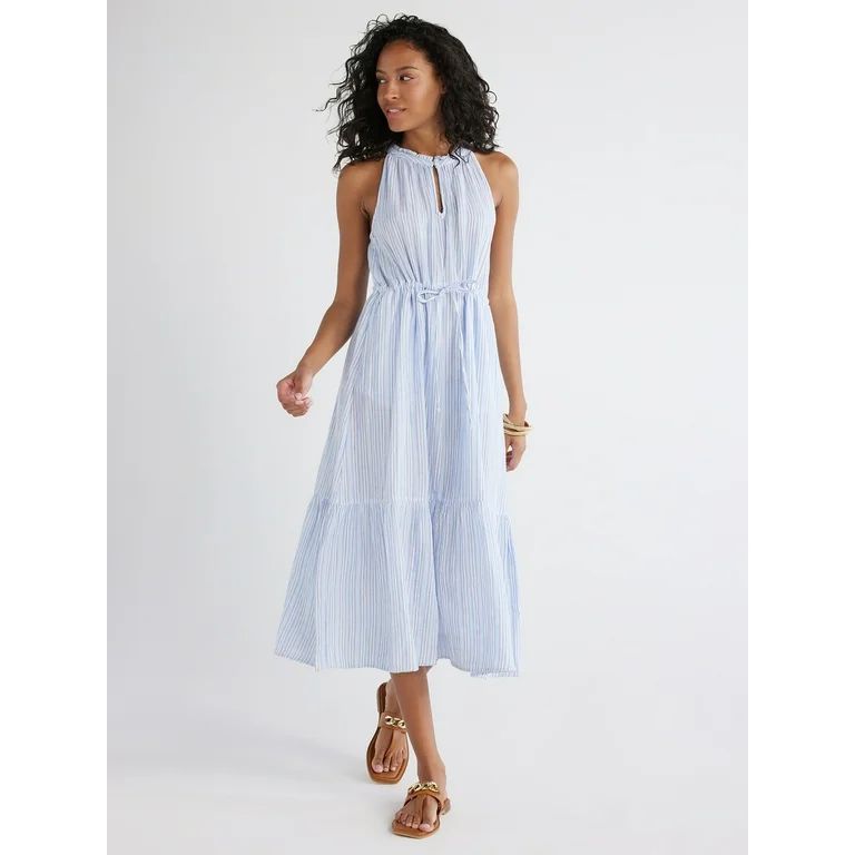 Time and Tru Women's Sleeveless Cotton Midi Dress with Flounce Hem, Sizes XS-XXXL | Walmart (US)