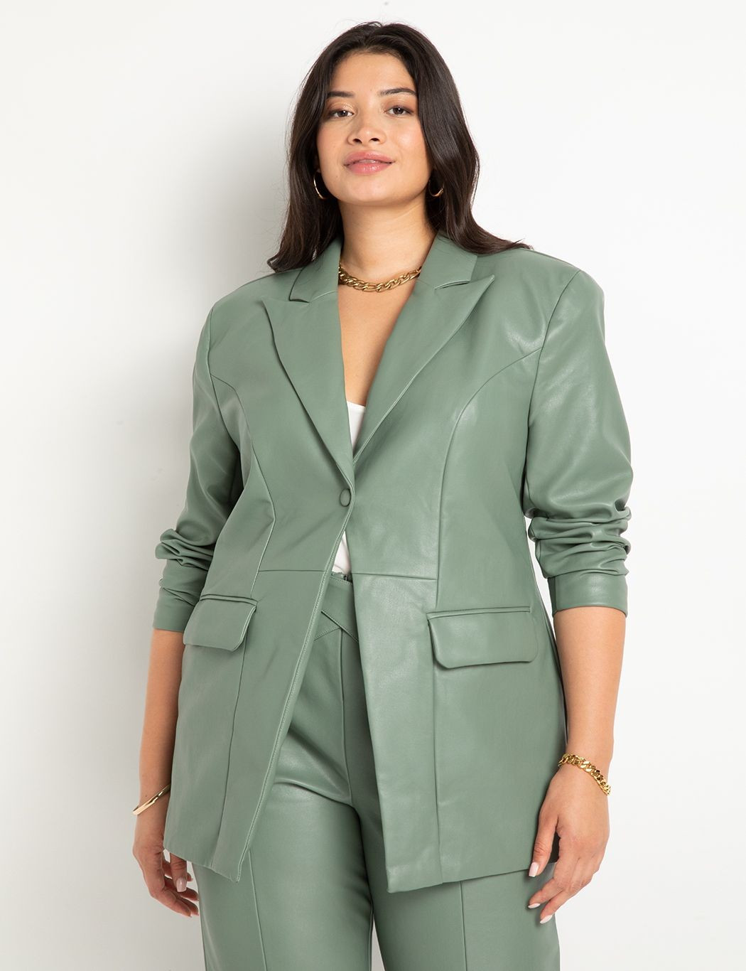 Long Split Front Faux Leather Blazer | Women's Plus Size Coats + Jackets | ELOQUII | Eloquii