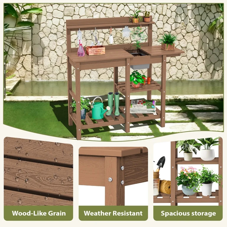 SERWALL Potting Bench Outdoor Potting Table with Sink, HDPE Material All Weather Use- Brown | Walmart (US)