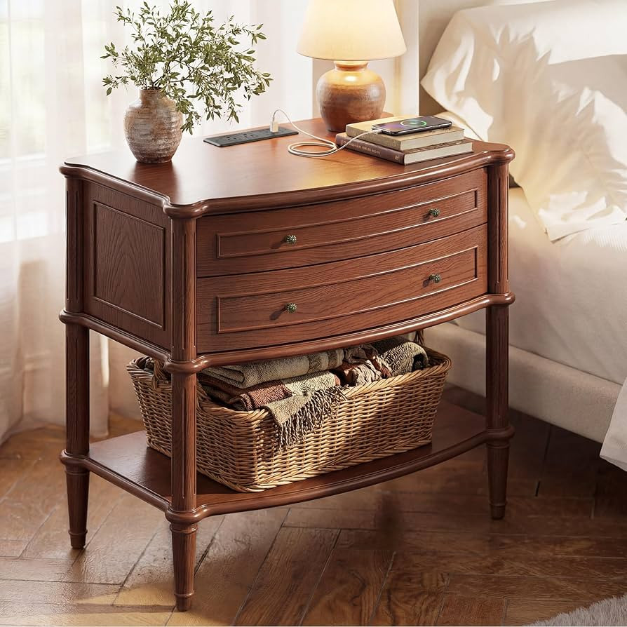 STO'SENSE Wide Nightstand w/Charging Station & 2 Drawers, Pre-Assembled, Vintage Side Table w/Ant... | Amazon (US)