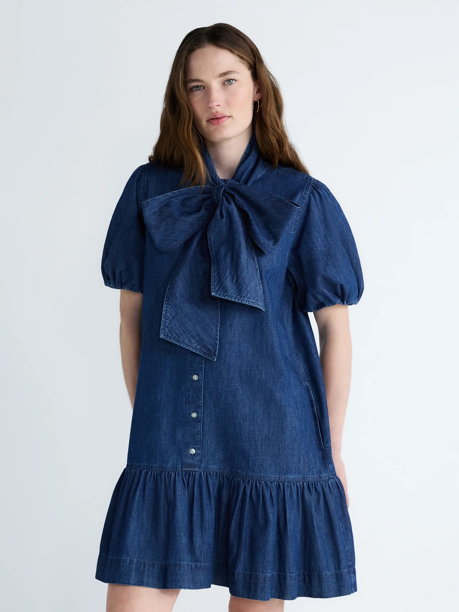 Free Assembly Women's Tie Neck Denim Mini Dress, Sizes XS-XXL | Walmart (US)
