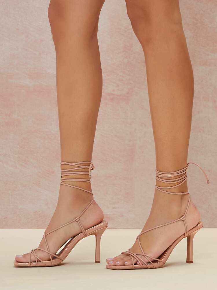 Faux Patent Leather Open-Toe Lace-Up Heels | SHEIN