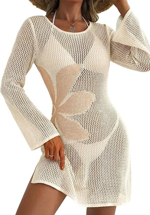 Dokotoo Womens Summer Swimsuit Cover up Crochet Beach Floral Hollow Out Slit Bikini 2026 Long Sle... | Amazon (US)