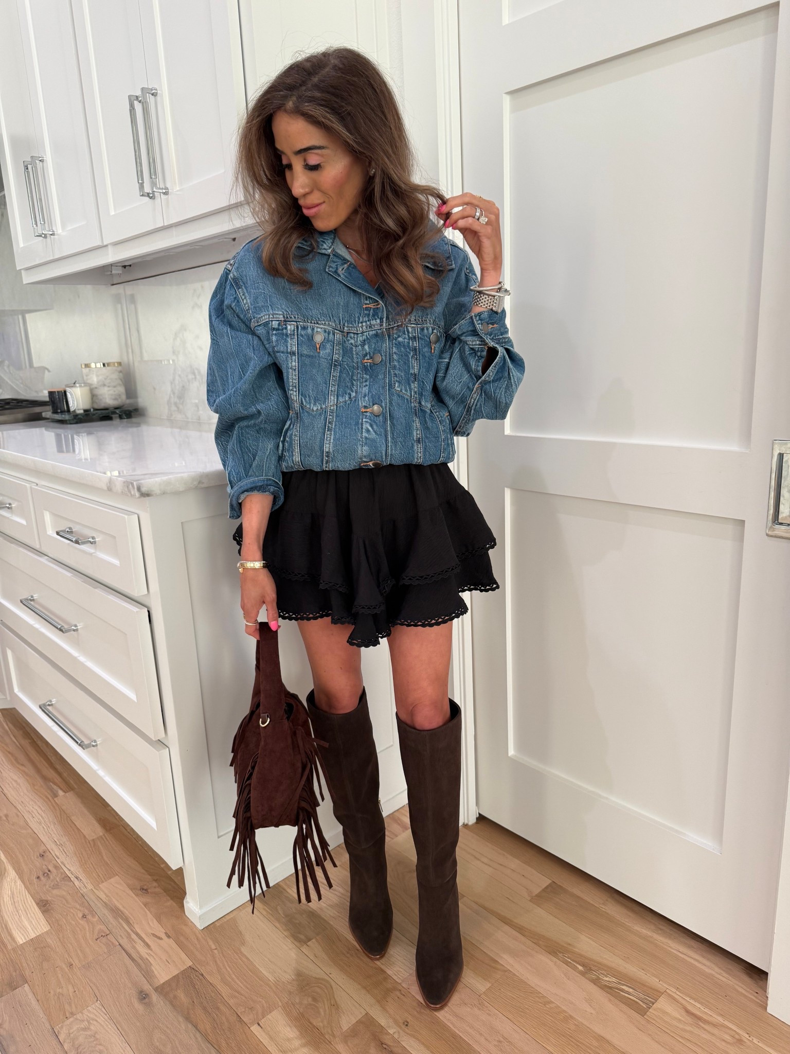 The perfect spring denim trucker jacket size xs with black flowy skort size xs chocolate brown suede boots size 7 

#LTKPetite #LTKSeasonal