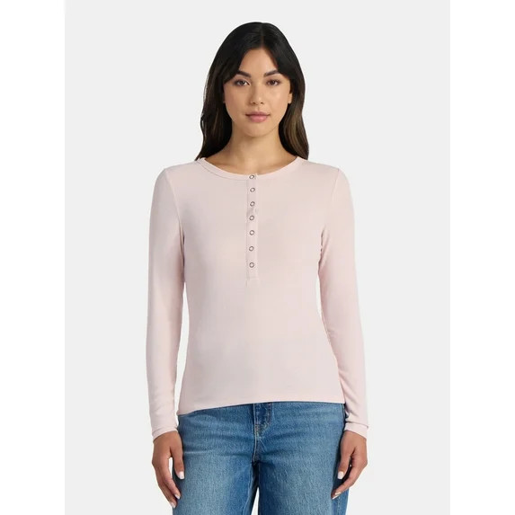 Time and Tru Women's Ribbed Henley Shirt with Long Sleeves, Sizes XS-XXXL | Walmart (US)