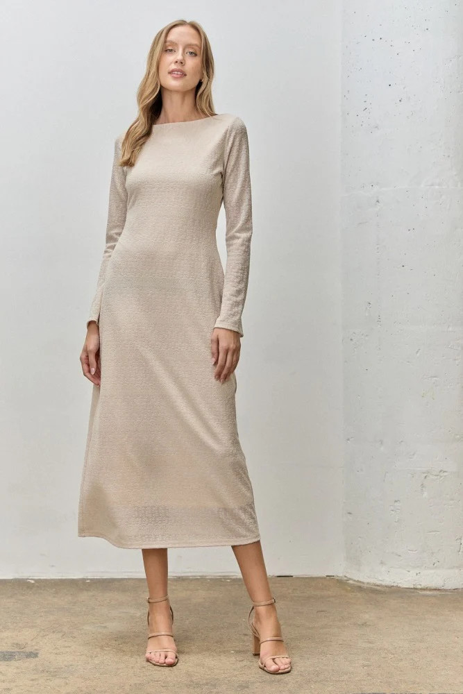 Beige Lace Jacquard Long Sleeve Midi Dress | PinkBlush Maternity