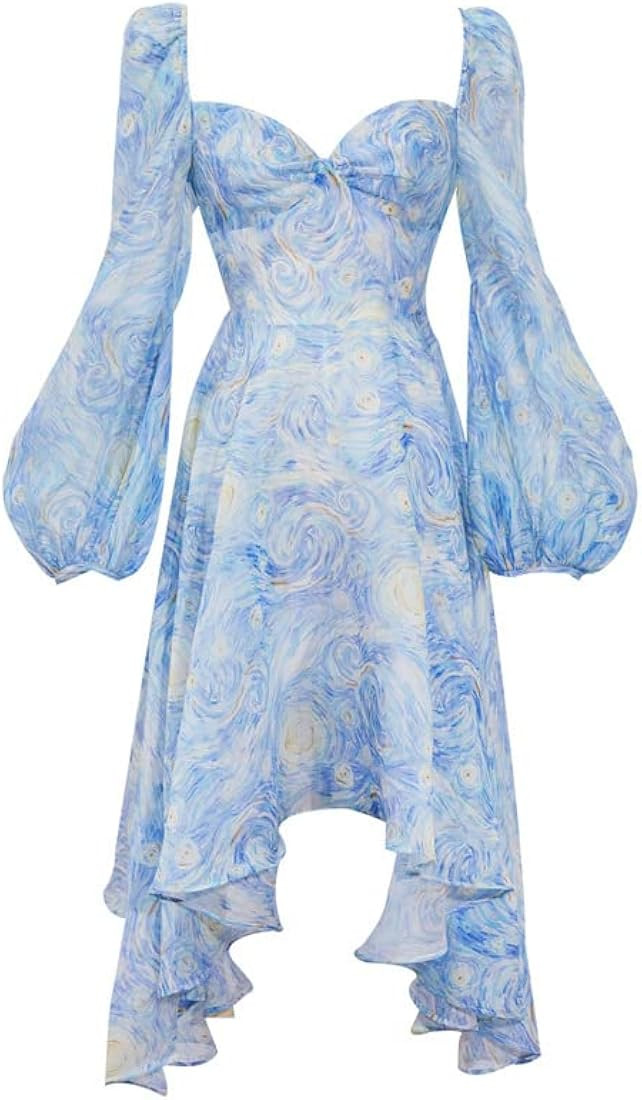 LILILEIDY Women's Starry Night Long Dress Lantern Sleeve Chiffon Yarn Van Gogh V Neck Ruffle Loos... | Amazon (US)