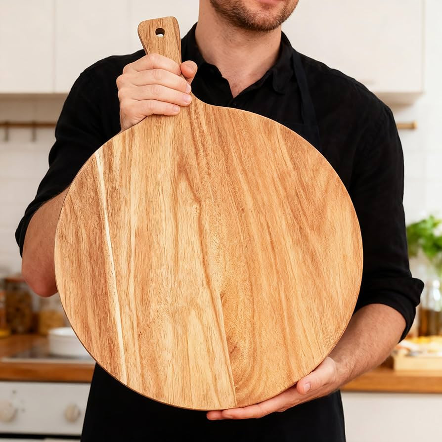ZeQi Round Acacia Wood Cutting Board with Handle 16''x12'' /Charcuterie Board/Pizza Board/Serving... | Amazon (US)