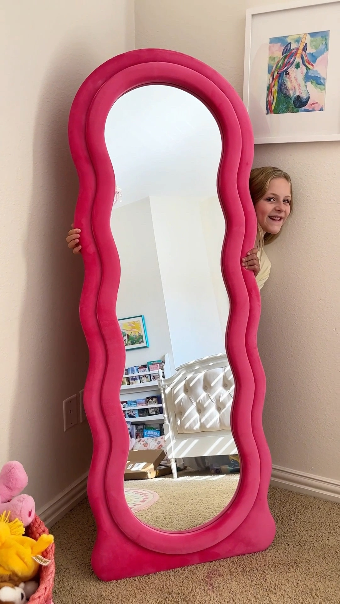 Wavy, retro pink plush full length mirror for groovy bedroom vibes!

#LTKFamily #LTKHome #LTKKids