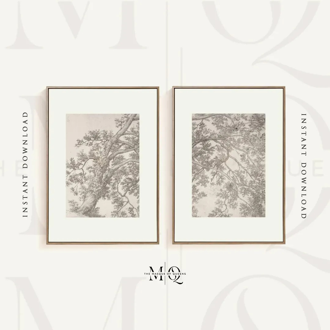 Set of 2 Tree Study Drawing Prints No2 | Two Piece Etching Set, Vintage Forest Landscape Wall Art... | Etsy (US)