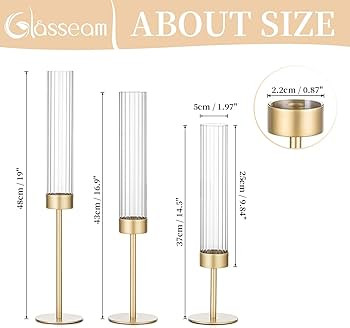 Glasseam Hurricane Glass Candle Holders: Gold Taper Candle Holders Set of 6 Tall Candle Stick Hol... | Amazon (US)