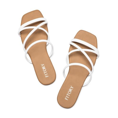 FITORY Women's Slide Sandals, Chic Cross-Strap & Comfy Flat shoes for Summer White Size 7 | Amazon (US)
