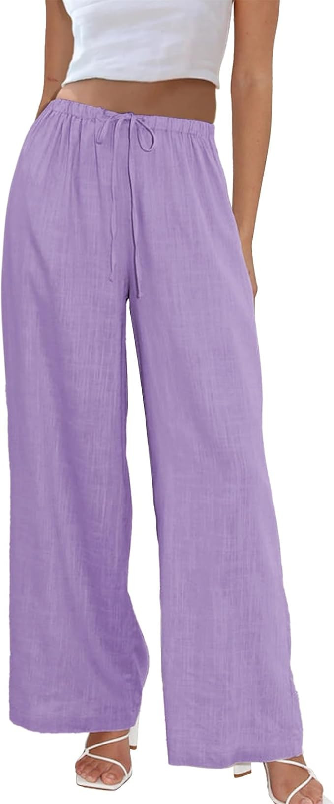 Duyang Womens Cotton Linen Palazzo Pants Drawstring Elastic Waist Casual Wide Leg Trousers with P... | Amazon (US)