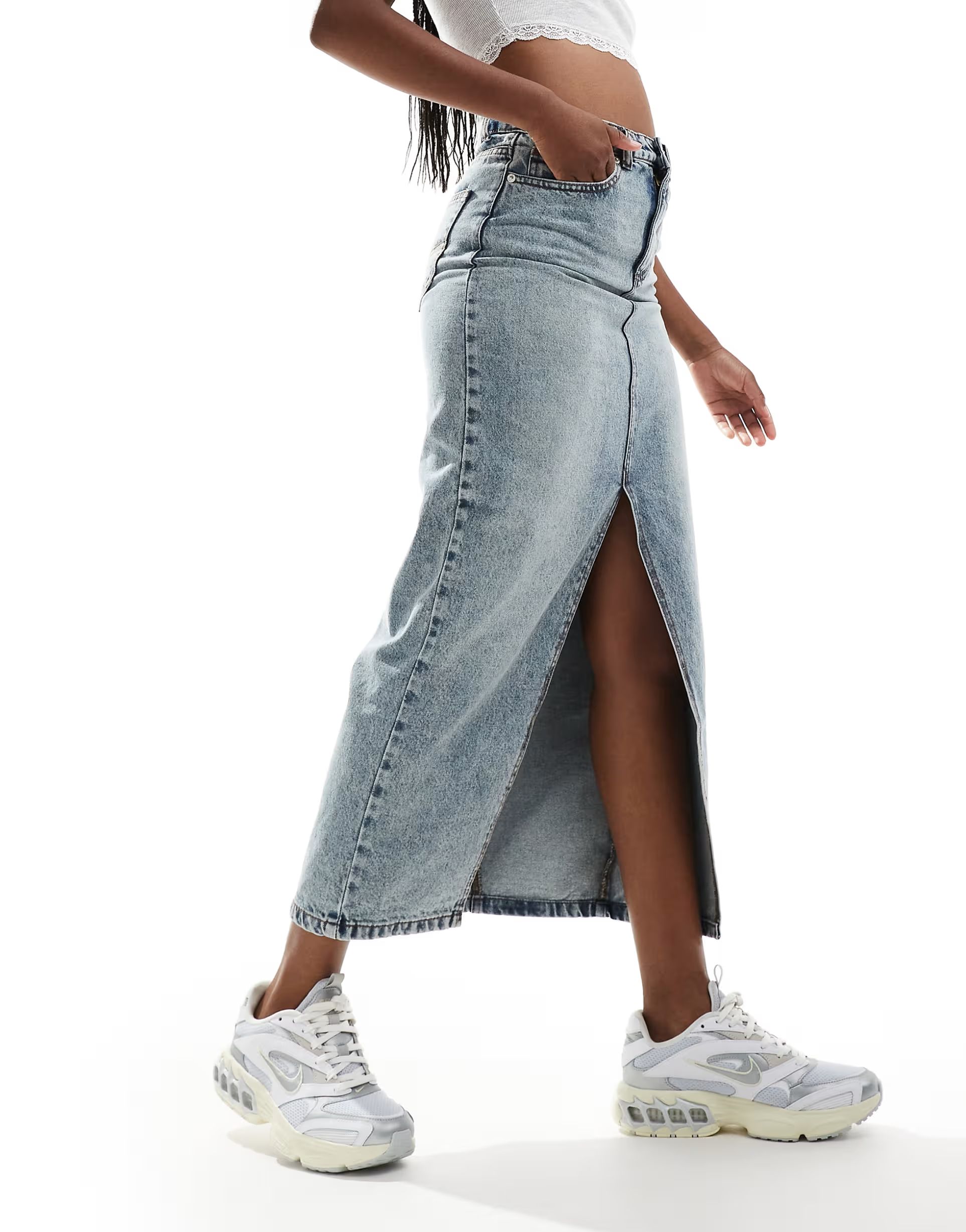 DTT denim midi skirt with front split in light blue acid wash | ASOS (Global)